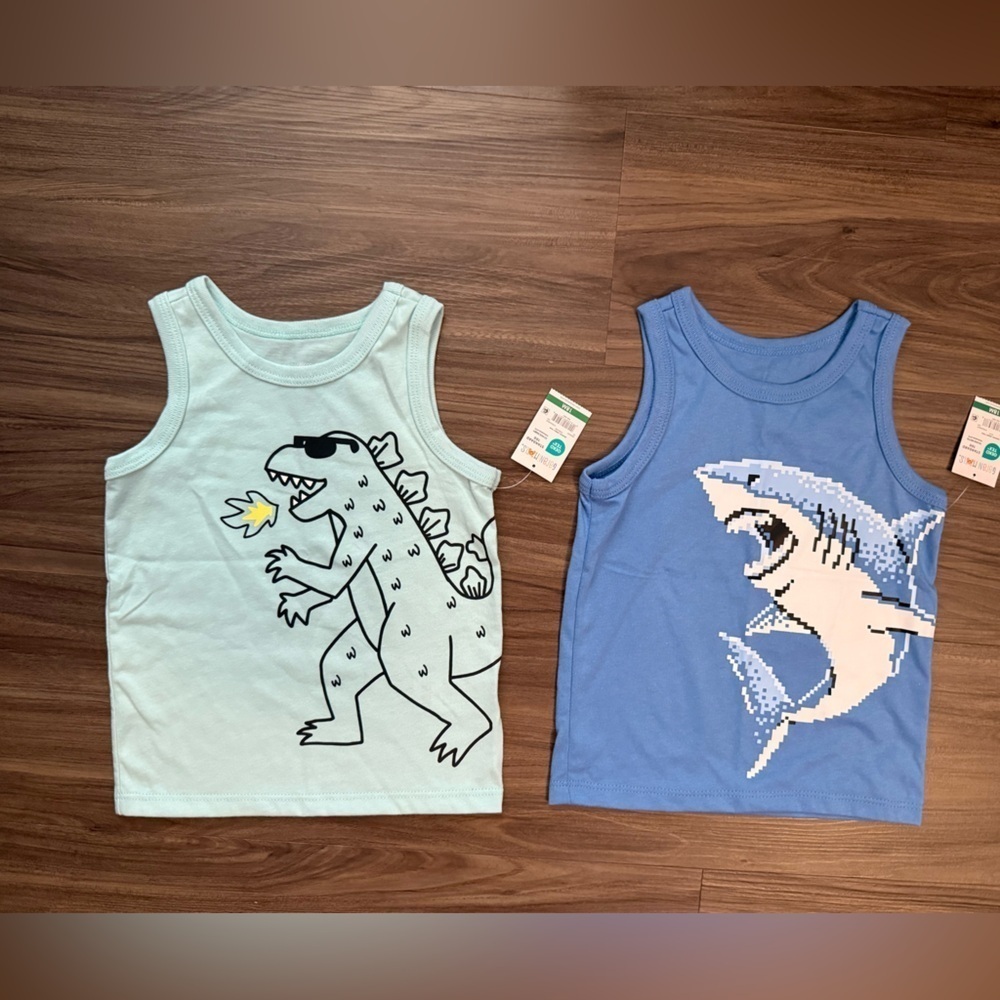 Garanimals Dinosaur and Shark Tank Tops - Light Green and Blue